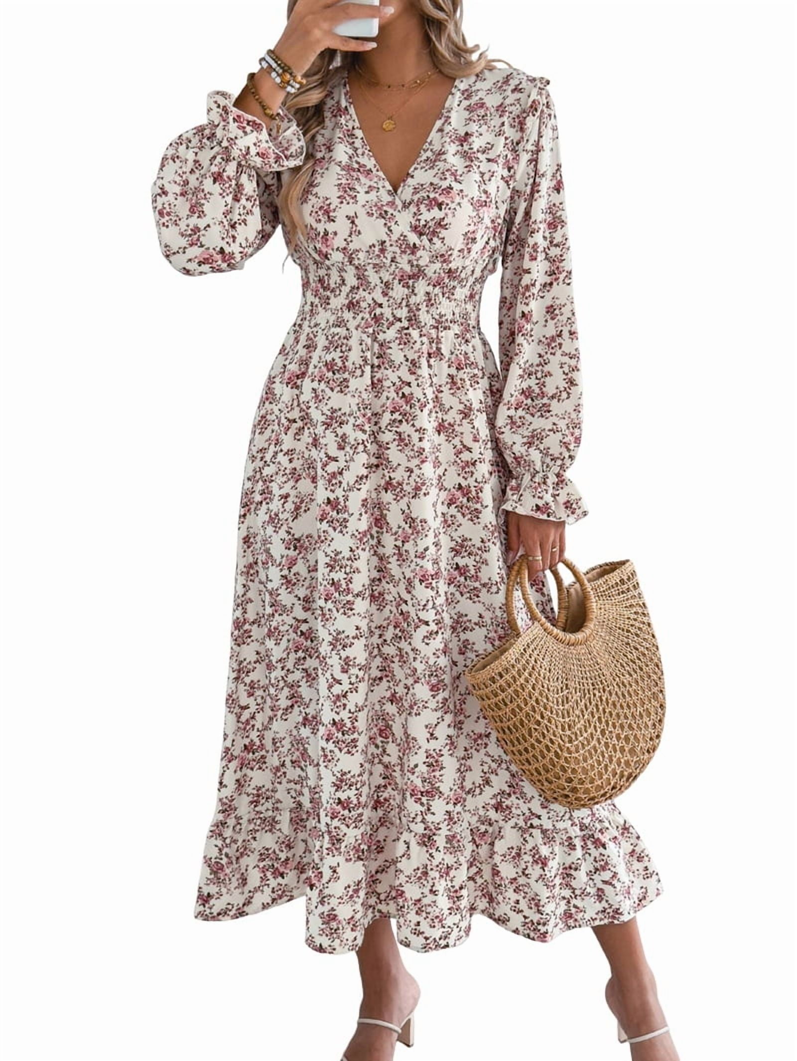 Women'S Long Sleeve Floral Print V-Neck Ruffle Hem Maxi Dress Shirred Waist White S