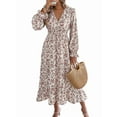 thumbnail image 3 of Women'S Long Sleeve Floral Print V-Neck Ruffle Hem Maxi Dress Shirred Waist White XL, 3 of 9