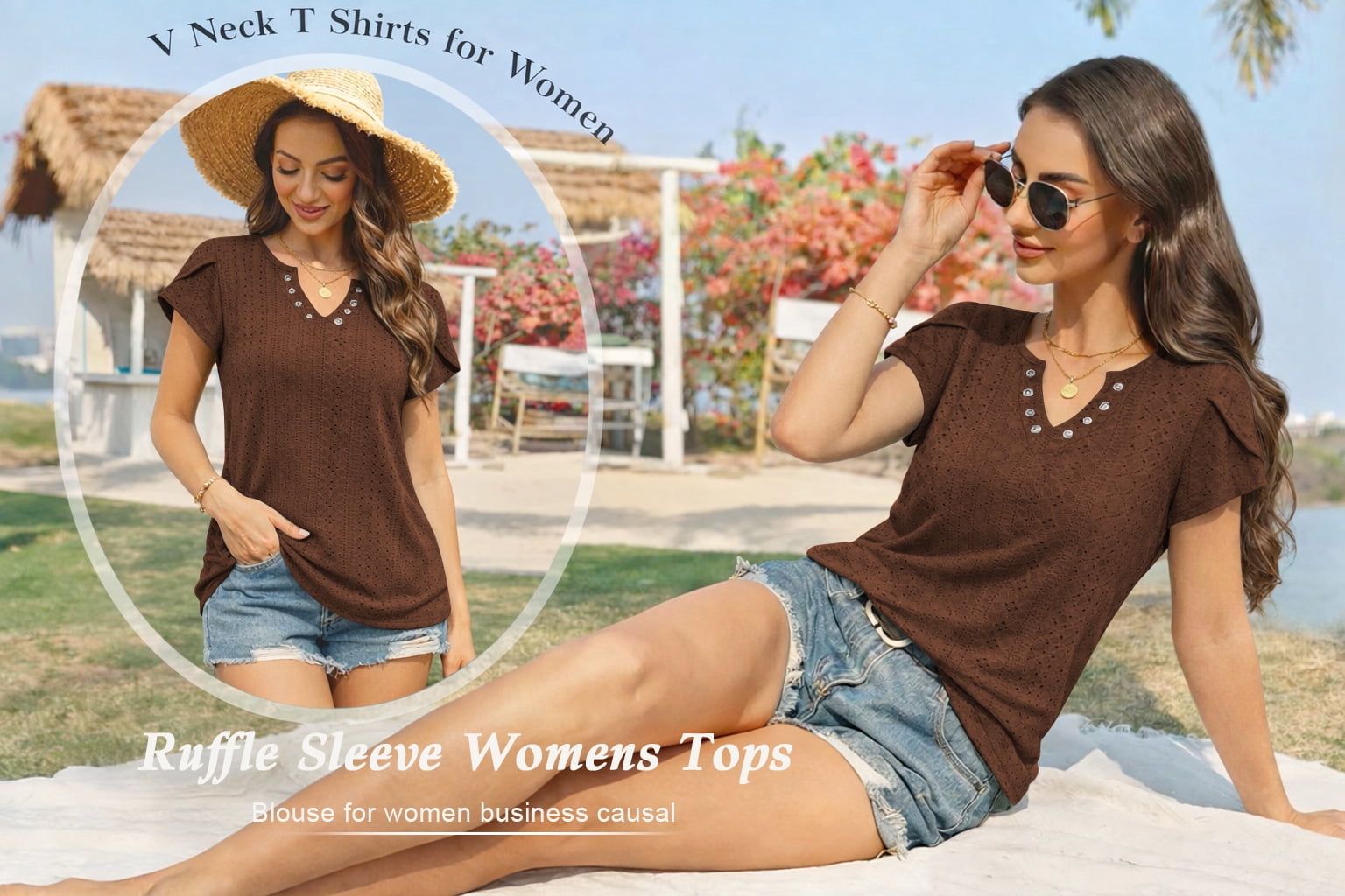 TEMOFON Womens Summer Tops Casual V Neck Tee Shirts Petal Sleeve Fashion Loose Blouses for Women Clothes Short Sleeve Shirts Dressy Tunic Tops