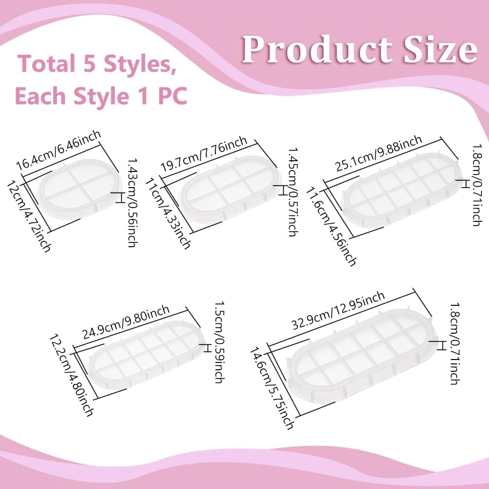 5Pcs 5 Styles DIY Oval Storage Tray Silicone Molds Resin Casting Molds For UV Resin Epoxy Resin Craft Making Oval White 164~329x110~146x14.3~18mm 1pc/style