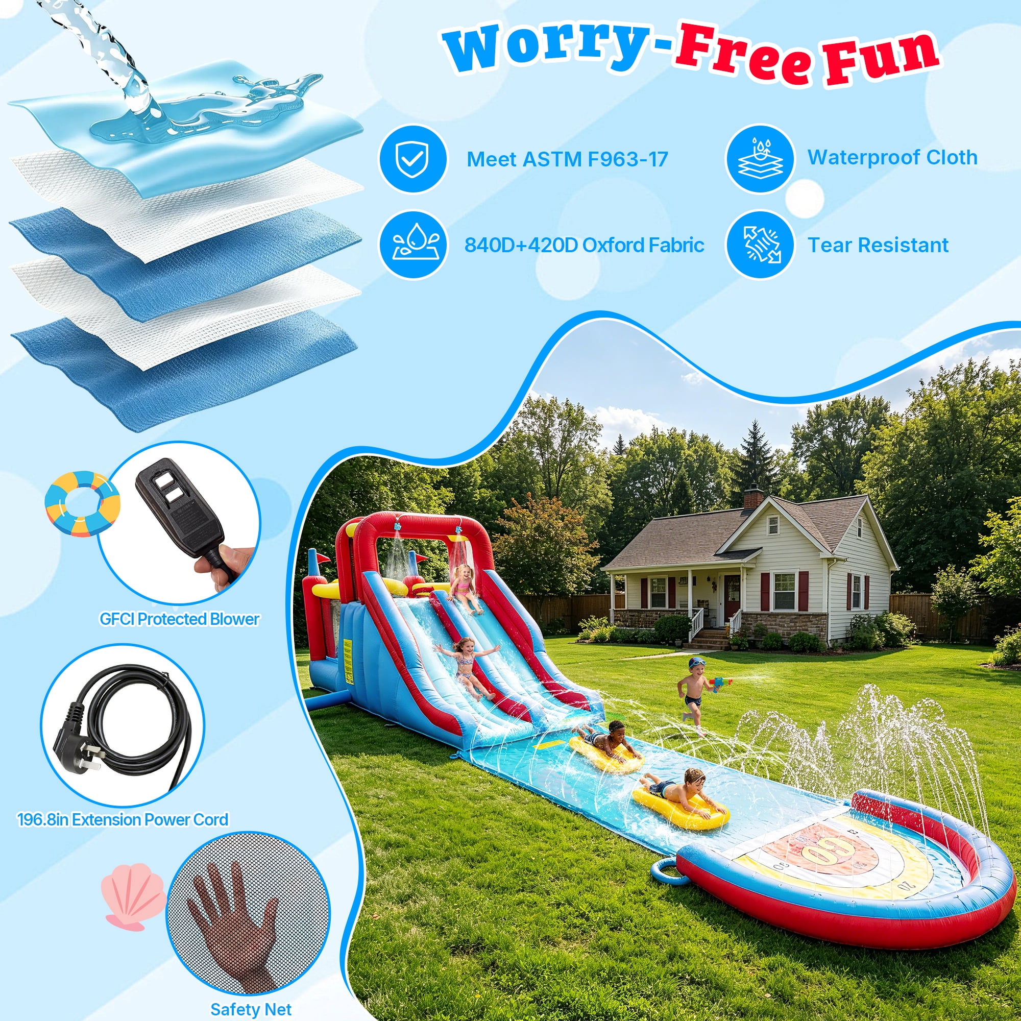 Sunnyfree Inflatable Water Slide for Kids 3+, 2 Extra Long Slides with Sprinkler, 2 Slip Inflatable Boards&112in Removable Slide, Indoor/Outdoor