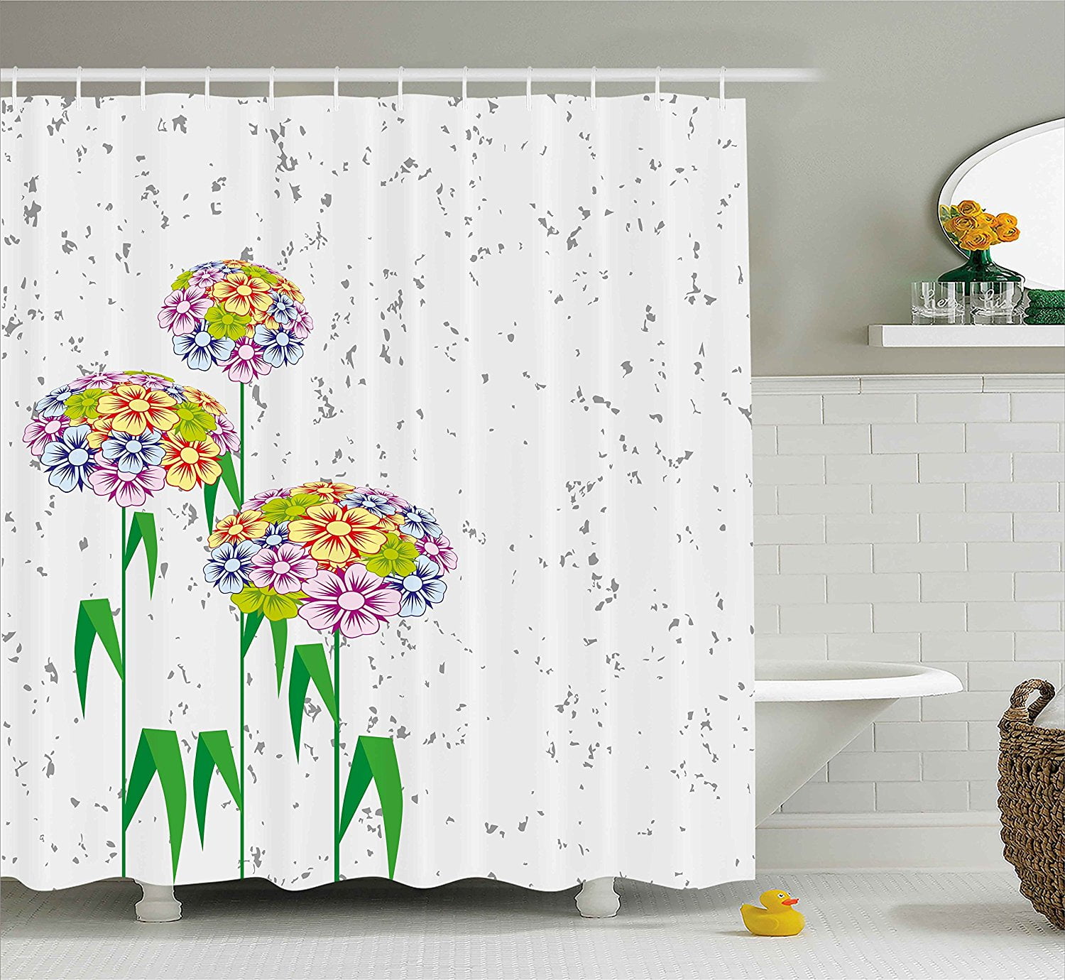 Floral Shower Curtain by , Colorful Flowers Daisies With Green Leaves