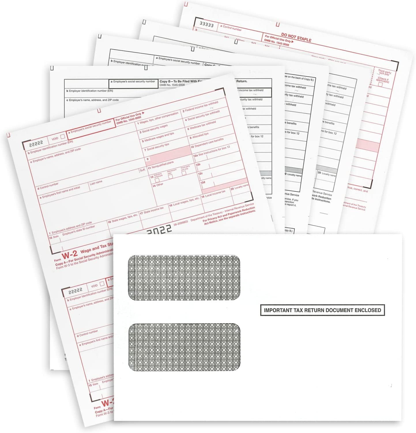 W2 Forms 2022, 4 Part Tax Forms, Set of 50 with Self Seal Envelopes