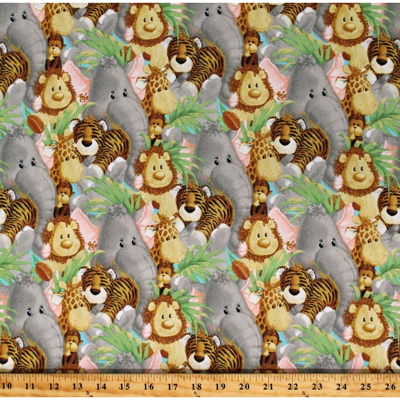 Cotton Elephants Lions Monkeys Hippos Giraffes Animals Nursery Kids Multicolor Cotton Fabric Print by the Yard (1150879)
