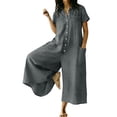 thumbnail image 3 of TEAJOPSUU Women's Linen Cotton Jumpsuits Short Sleeve Button Down Wide Leg Jumpsuits with Pockets Casual Baggy Palazzo Cropped Pants One Piece Jumpsuits Gray, 3 of 7