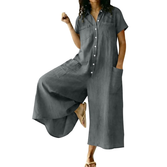 Vhkiploz A-Line Linen Jumpsuit For Women's One Piece Button Wide Leg Maxi Summer Sweatsuits Beach Vacation Travel Athletic Outfit Sets V-Neck Short Sleeve Solid Outwear Beach Rompers With Pockets