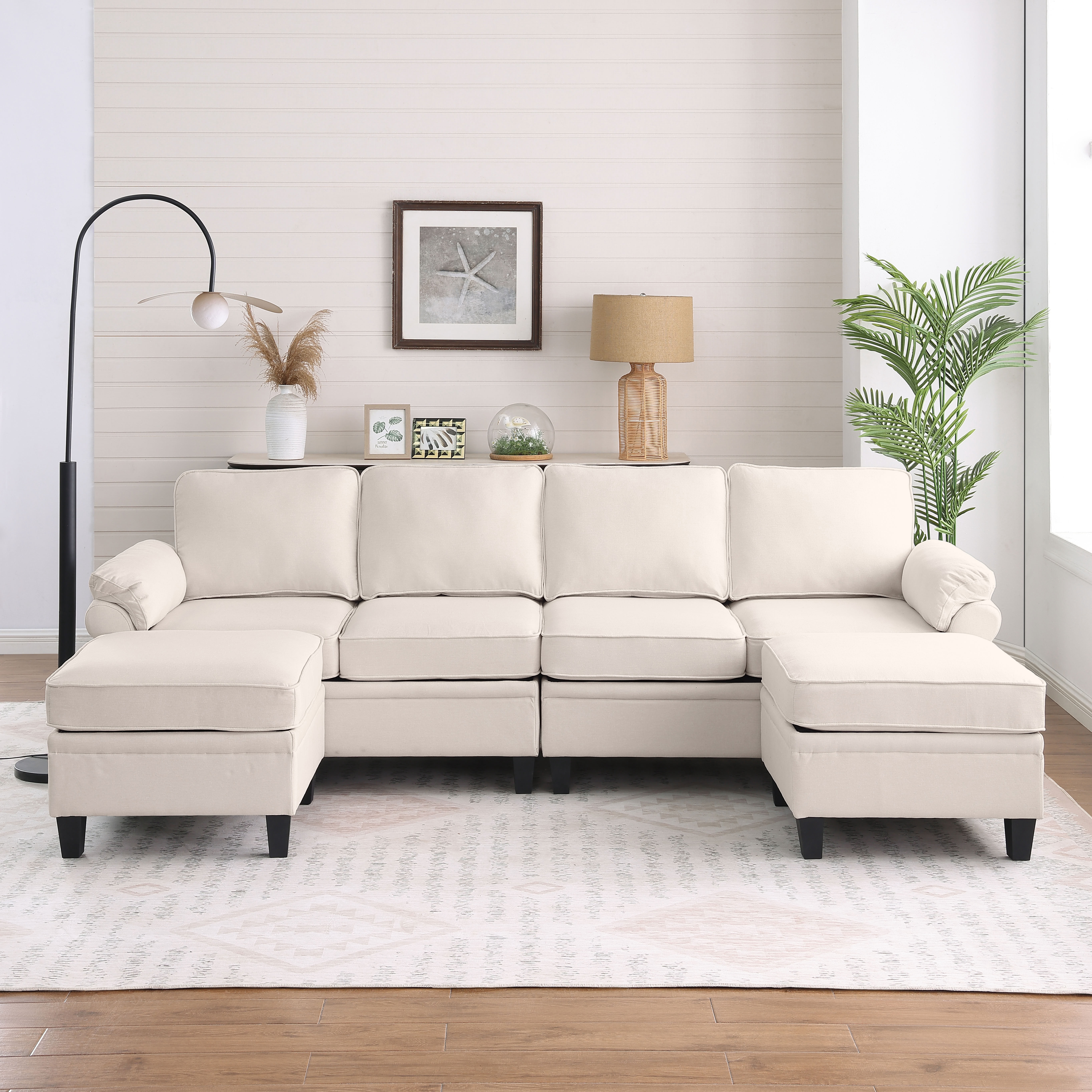 MAYEERTY 102 Inch Linen Modular Sectional Sofa, DIY Convertible Combination Sofa Couch with Storage Ottomans, for Living Room, Apartment
