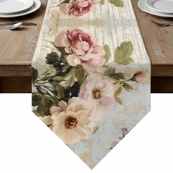 Vintage Pink Floral Table Runner Linen Burlap Table Runner 60 Inches Long Spring Botanical Oil Painting Dresser Scarves for Kitchen Island Coffee Dining Party Wedding Banquet Holiday Decor 13"x60"