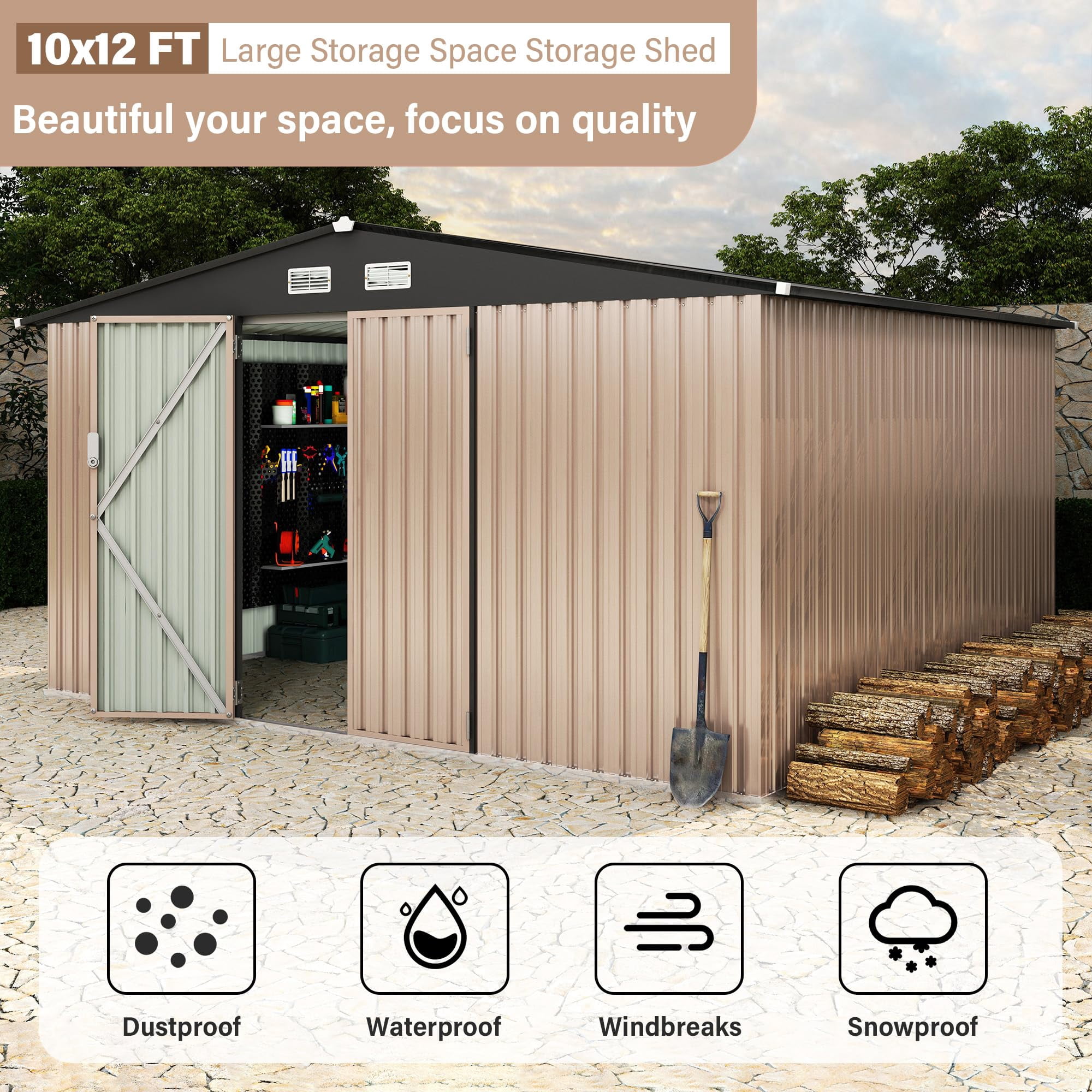 10x12 FT Metal Storage Sheds Outdoor,Metal ToolShed with Lockable Door, Metals Yard Sheds Metals Garden Shed Kit,MetalUtility Sheds Buildings with Air Vent for Backyard Garden Patio Lawn（ship in 3 box
