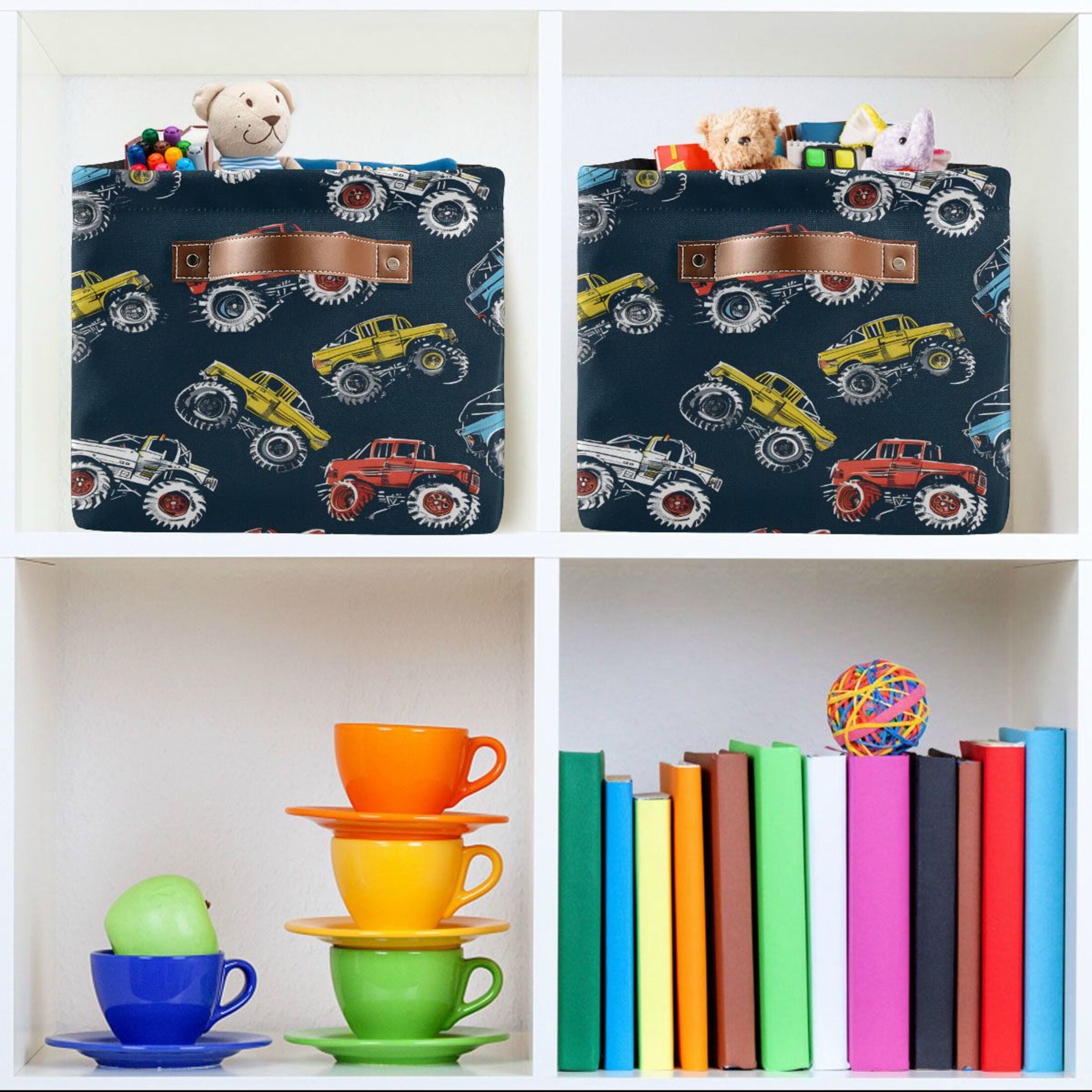 Colorful Monster Trucks Storage Bins with Handle Fabric Organizer Basket Foldable Box 2 Pack 14.2x10.2x8.3
