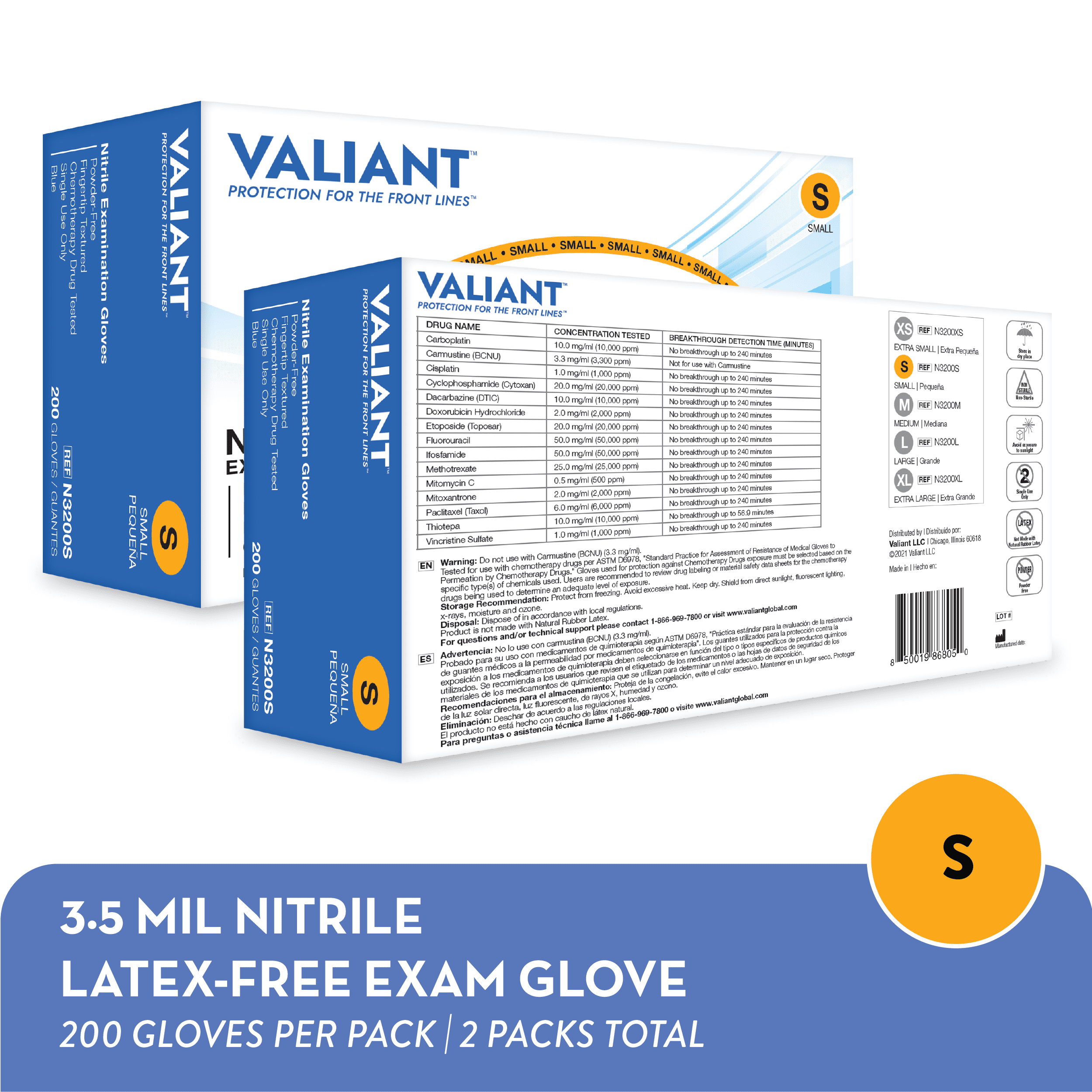 Valiant N3200 Nitrile Exam Gloves, Single Use Only, Fingertip Textured, Cornflower Blue, Small, 200 Per Box, 2 Boxes