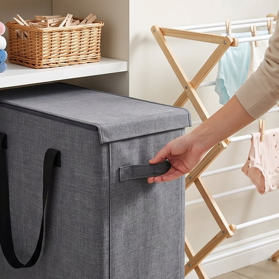 Slim Rolling Laundry Hamper With Wheels, 65L Narrow Woven Fabric Foldable Foldable Dirty Garments Basket With Lid For Small Spaces