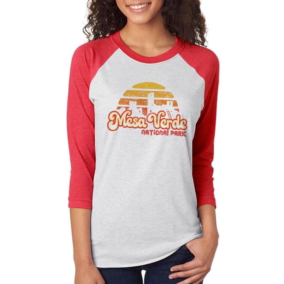 National Park Retro 70s Sunset Mesa Verde Unisex Raglan T Shirt White-Red X-LG