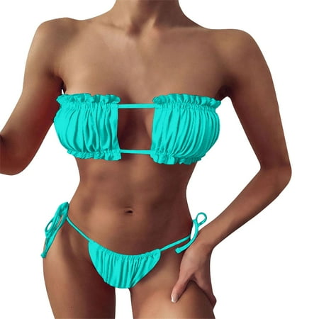 HCNTES Women s Bikini Sets with V Neck Low Rise Self Tie Straps A Modern Look for the Beach S Green