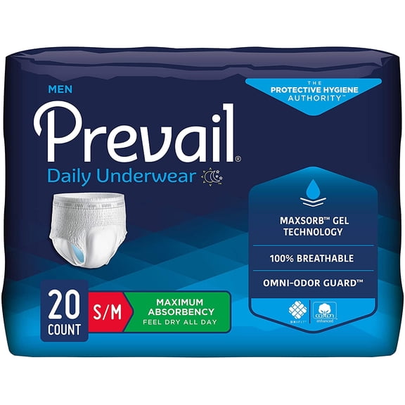 Prevail Maximum Absorbency Incontinence Underwear for Men, Small/Medium, 120 Count