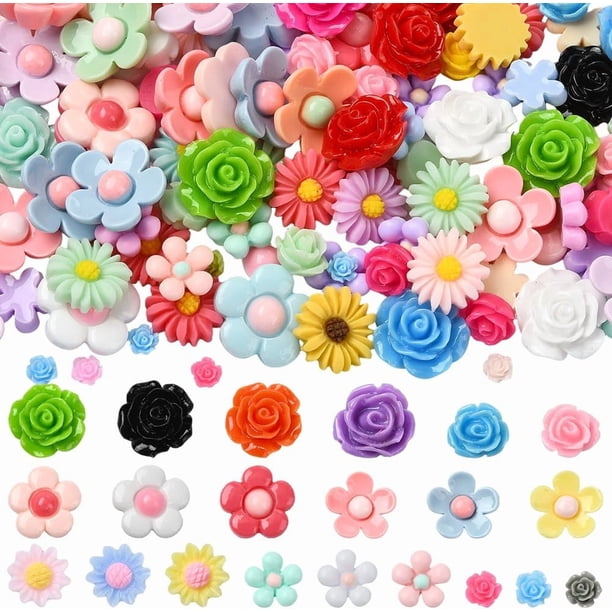 1 caja de 200 cabujones de flores de 8 estilos con base plana de resina, mini cabujones florales 3D de rosas, girasoles y margaritas de colores
