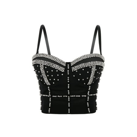 

FINELOOK Women Camisole Tanks with Bulit in Bra Shiny Rhinestone Crop Top Party Clubwear