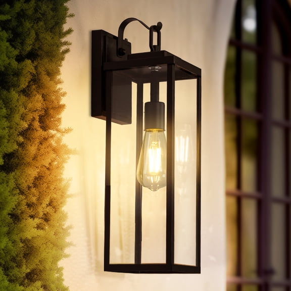 YANSUN Set of 2 Outdoor Wall Lanterns, 16" Black Sconces with Clear Glass, Dusk to Dawn Sensor, E26 Socket for Porch, Patio, Front Door (Bulb Not Included)