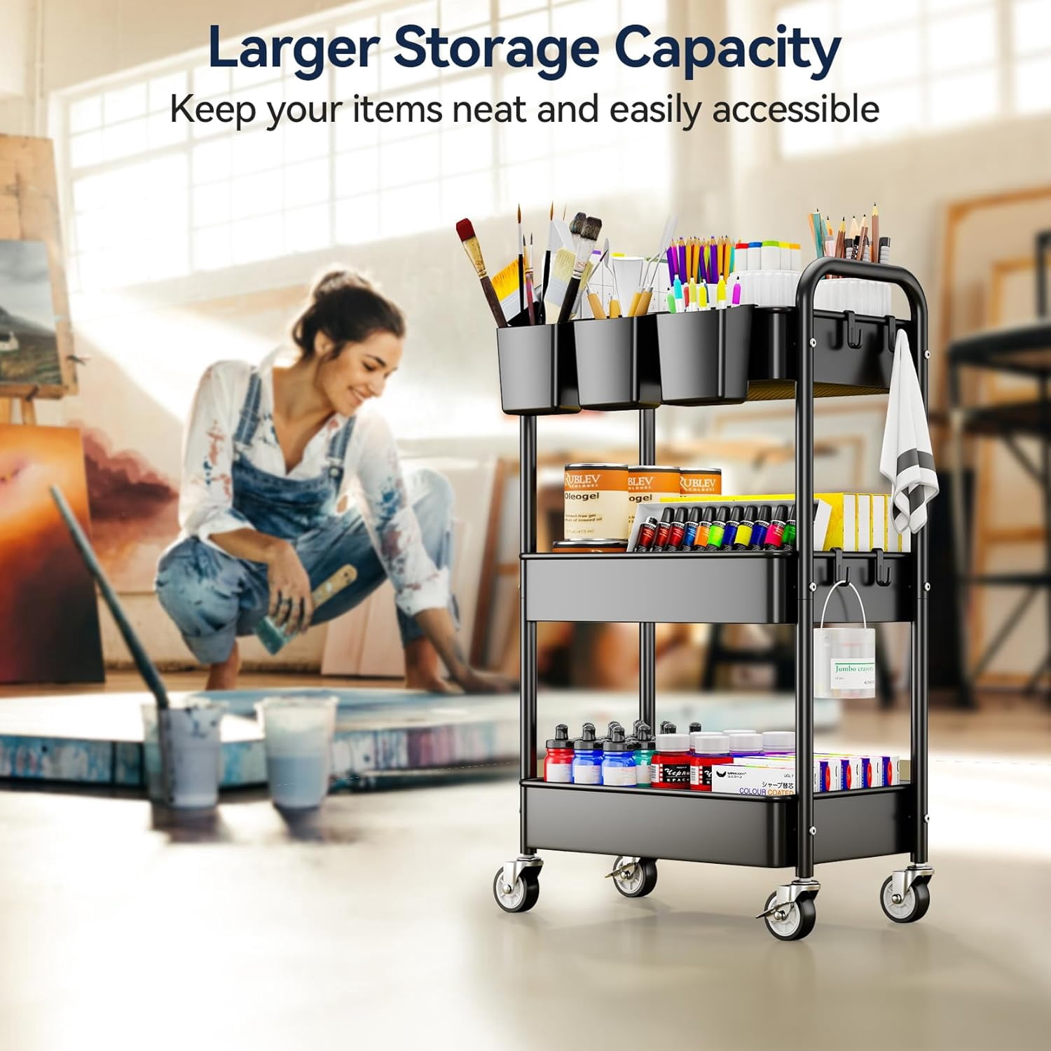 3-Tier Rolling Utility Cart with Wheels, Hanging Cups, Hooks, Heavy Duty Mesh Storage Organizer for Kitchen and Office, Lightweight Sturdy Craft Cart