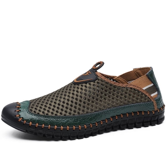 Men's Color Block Mesh Leather Slip-On Breathable Casual Loafers