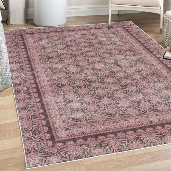 Bohemian Decorative Rug, Ethnic Flowers in Asian Style Jacobean Artwork Leafy Damask Floral Print, Quality Carpet for Bedroom Dorm and Living Room, 6 Sizes, Grey Pink, by Ambesonne
