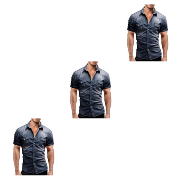 Sonducket Camisa vaquera para hombre, pantalones vaqueros elásticos suaves y delgados, manga corta, estilo americano, cierre de botón , ropa, Type4 NO4