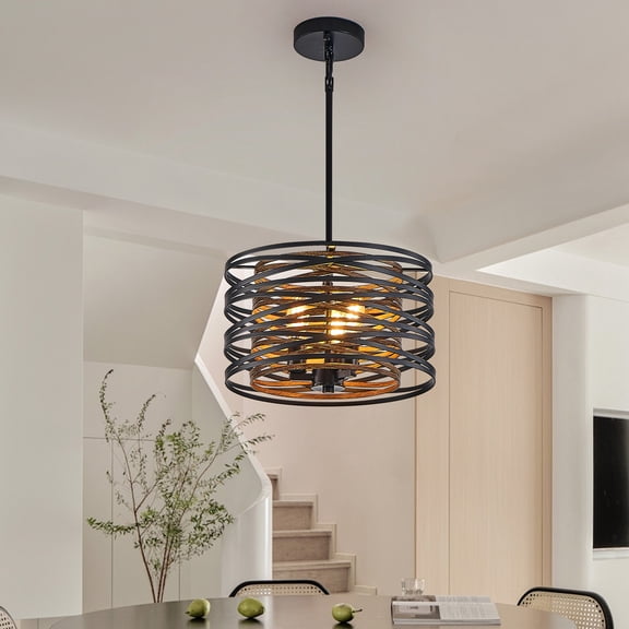 Jopath 13" Rustic Industrial Pendant Light, 3-Light Black and Walnut Metal Cage Chandelier with Wood Accents for Kitchen Island and Dining Room (No Bulbs)