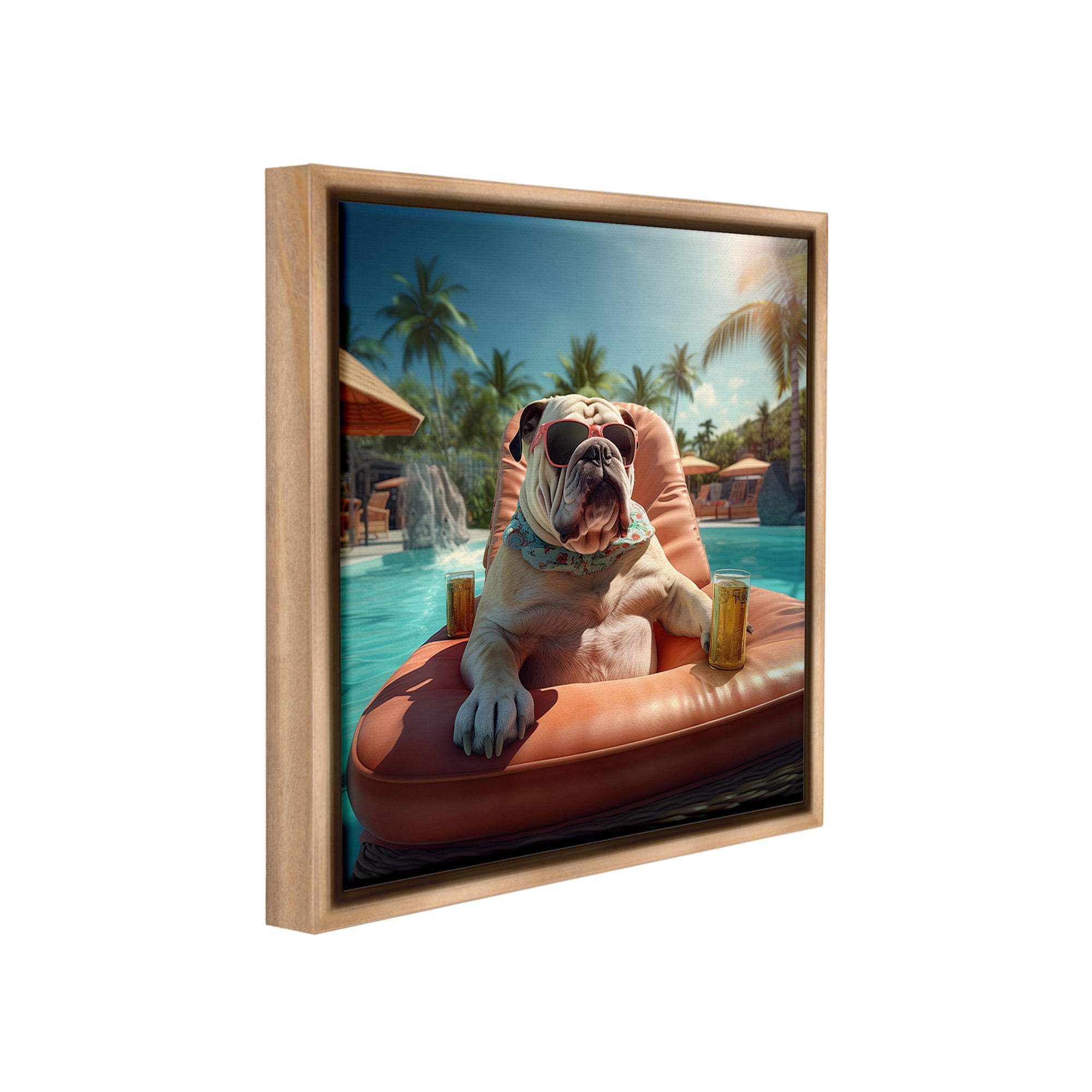 Stupell Industries Bulldog in Resort Pool Animals & Insects Painting Brown Floater Framed Canvas Art Print Wall Art, 18 x 18