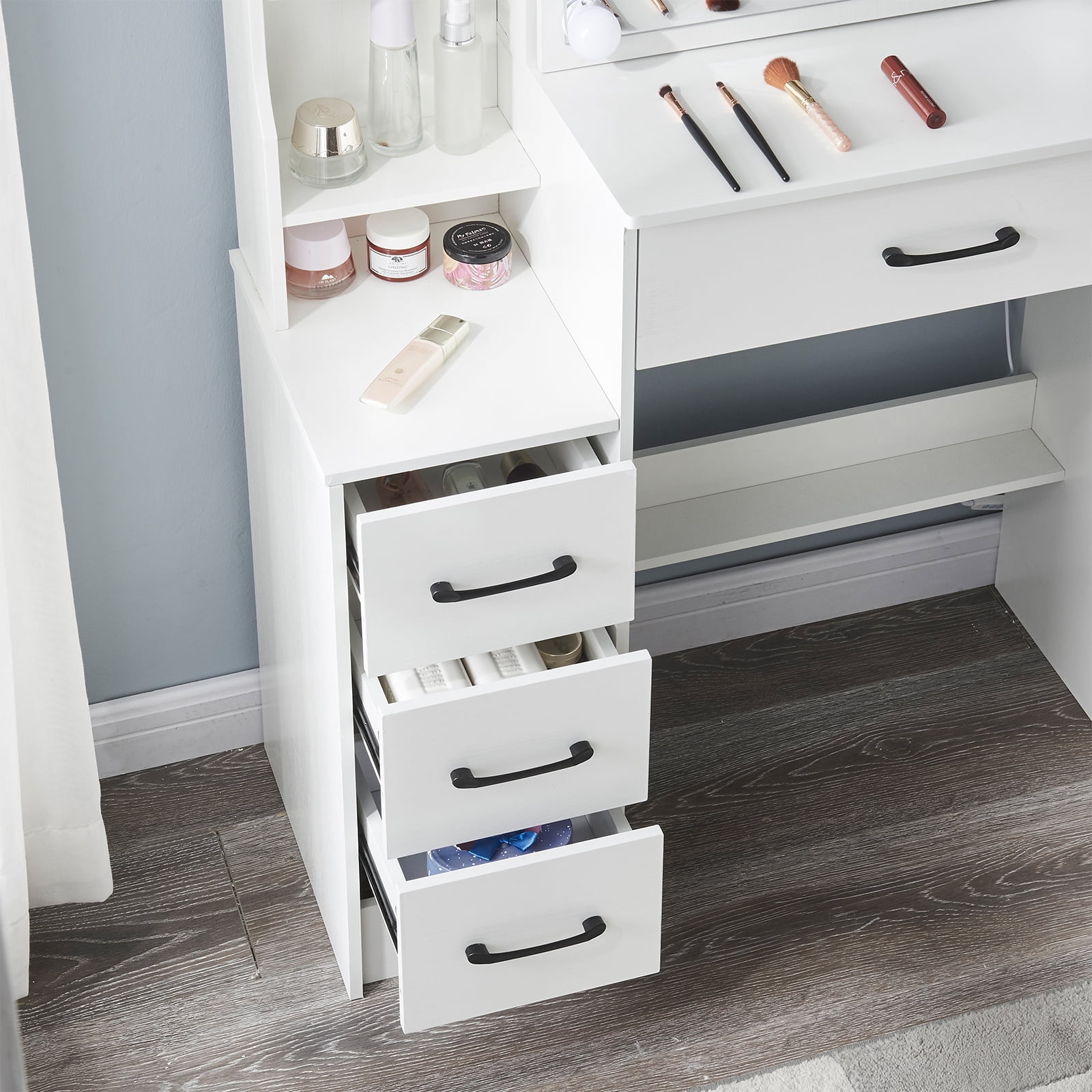 Yamissi Vanity Desk with Lights Makeup Table with Slidable Mirror Modern Dressing Table with Drawers & Cabinet, White