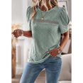 thumbnail image 4 of Camiseta de mujer con ribete de encaje, cuello redondo, manga corta abombada, Color puro, informal, jersey para mujer, Top para primavera y verano, verde L, 4 of 8