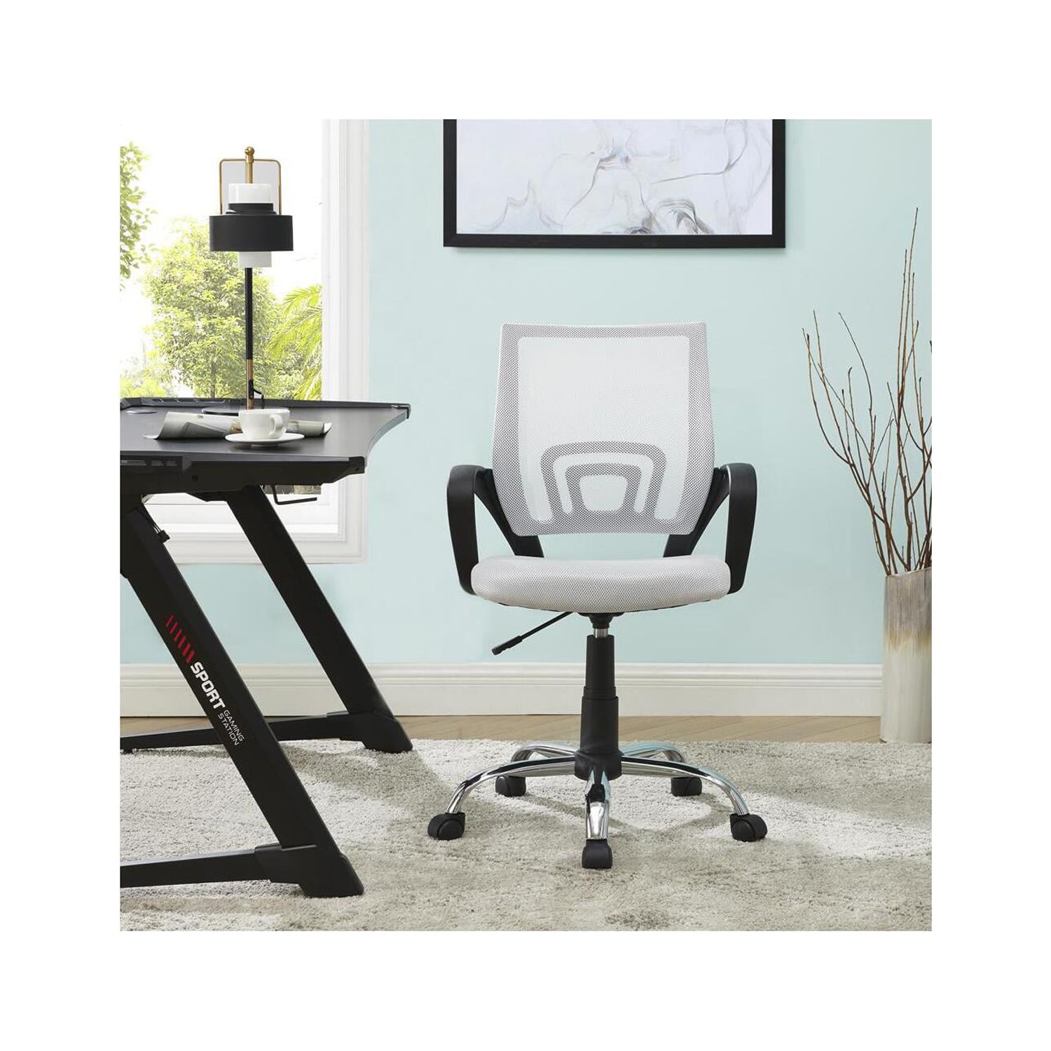 Ergonomic Mesh Office Chair with Adjustable Height & Tilt – Swivel Task Chair with Armrests, Rolling Casters & Lumbar Support – Mid Back Mesh Desk Chair for Home Office Comfort -Color:White