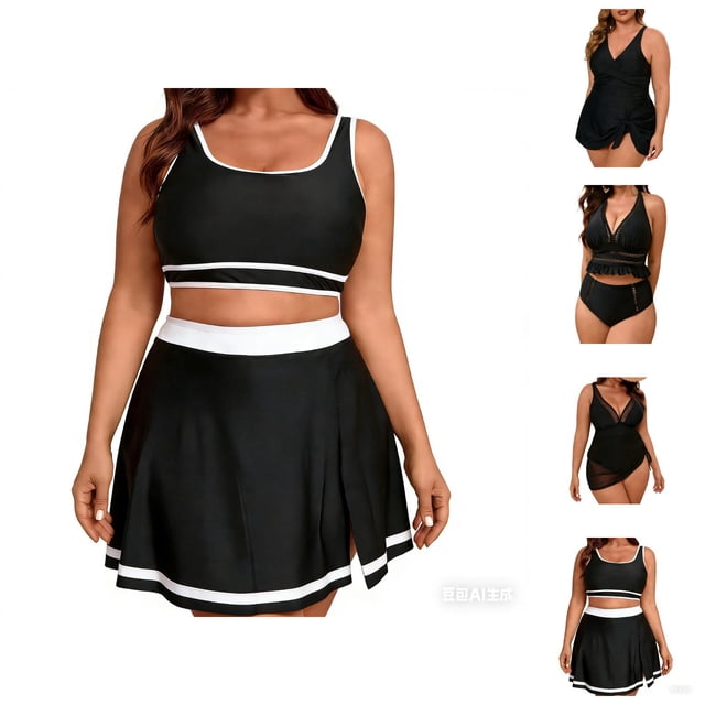 Womens Swimsuits Tankini Plus Size Deep V Neck Slimming Tummy Control Swim Dress with Bottom Two Piece Bathing Suits Woman