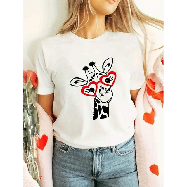 Short-Sleeved, Valentine'S Day Giraffe Print T-Shirt, Knitted Round Neck, Trendy And Stylish, Flattering Fit, Regular Length for All Seasons For Adult, Men, Women, Teen, Teenager, Adolescent, Youth