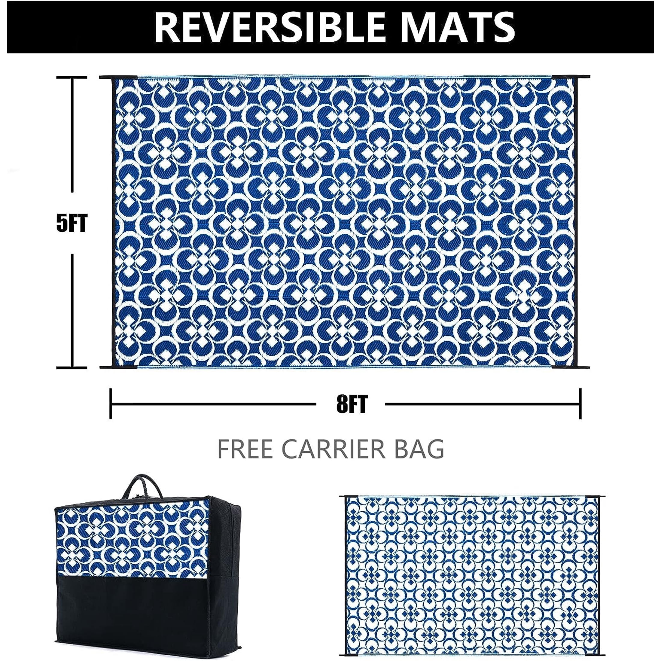 Outdoor Rugs 5'x8' Plastic Straw on Sale Clearance Reversible Waterproof Patio Rugs Geometric Lightweight Carpets for RV Camping Deck Beach Balcony Picnic Porch, Blue White