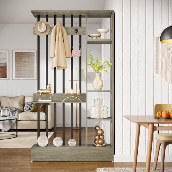 Finmind 71-inch Wall Room Divider, Freestanding Wood Room Divider Bookcase with Shelves & Coat Hooks, Industrial Wall Partition for Living Room, Gray
