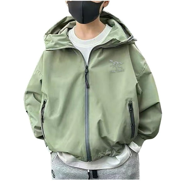 Odeerbi Kids Boys Winter Coat Dinosaur Printed Jacket Warm Outerwear Overcoat Fall Wear Long Sleeve Hooded Jackets Green