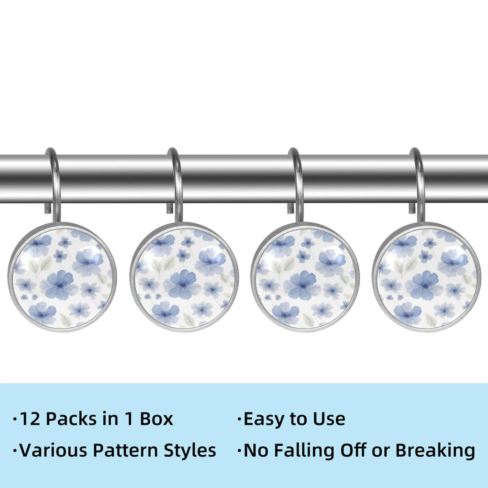 HemaKayy 12 Pcs Shower Curtain Hooks Bathroom Decorative Accessories Elegant Blue Flowers Transparent