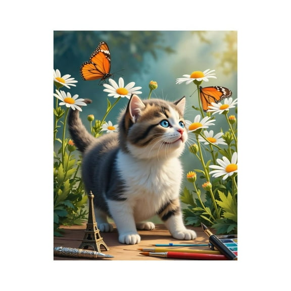 Paint By Numbers Kit for Adults Beginner - Kitten Butterfly Daisies Art Supplies DIY Canvas Painting Kits for Adults, Frameless Paint By Number for Adults for Home Wall Decor 16x20 Inch