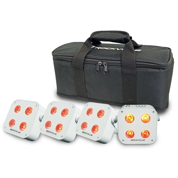 Rockville 4 PACK MINI RF4 V2 WHITE DJ Par Wash Up Lights Wireless DMX App Bag