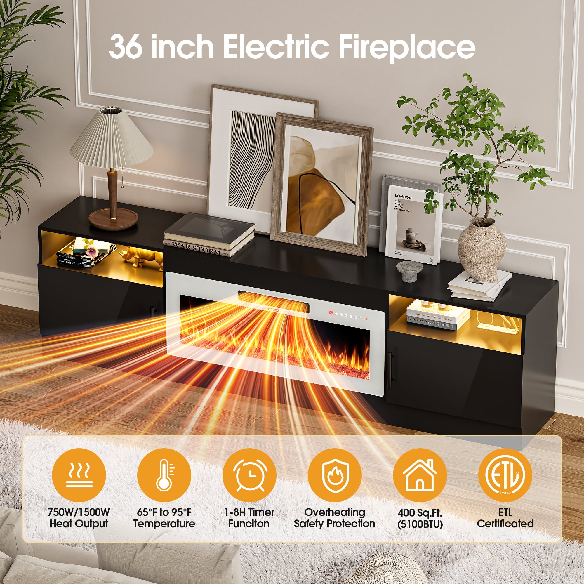 HARIPUL 80” TV Stand with 36" Electric Fireplace for TVs Up to 90 inch, LED Light Entertainment Center with High Gloss Door, Modern Media Console Cabinet for Living Room
