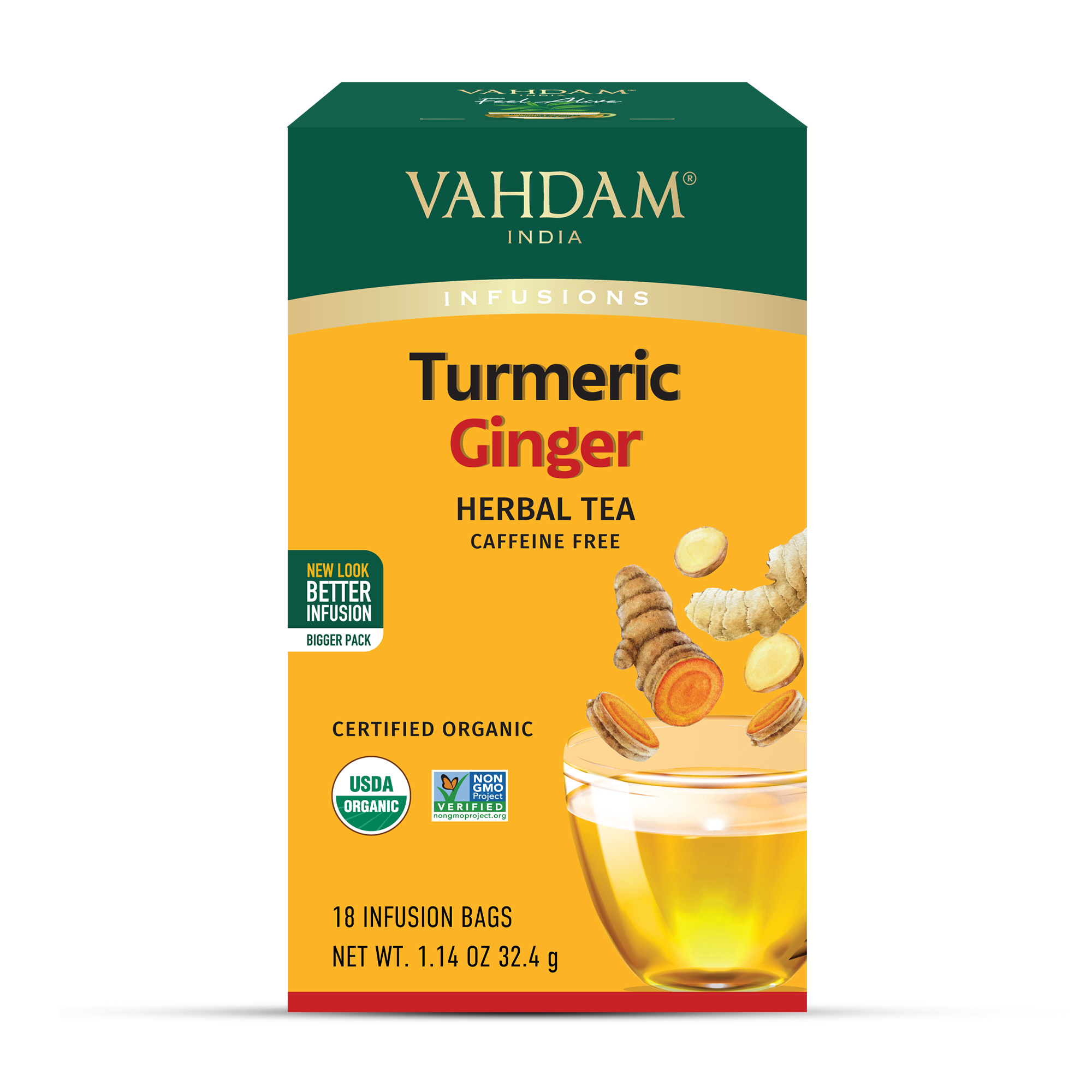 VAHDAM Organic Turmeric Ginger Herbal Tea, 18 Tea Bags | Caffeine-Free Herbal Infusion, Non-GMO, Gluten-Free