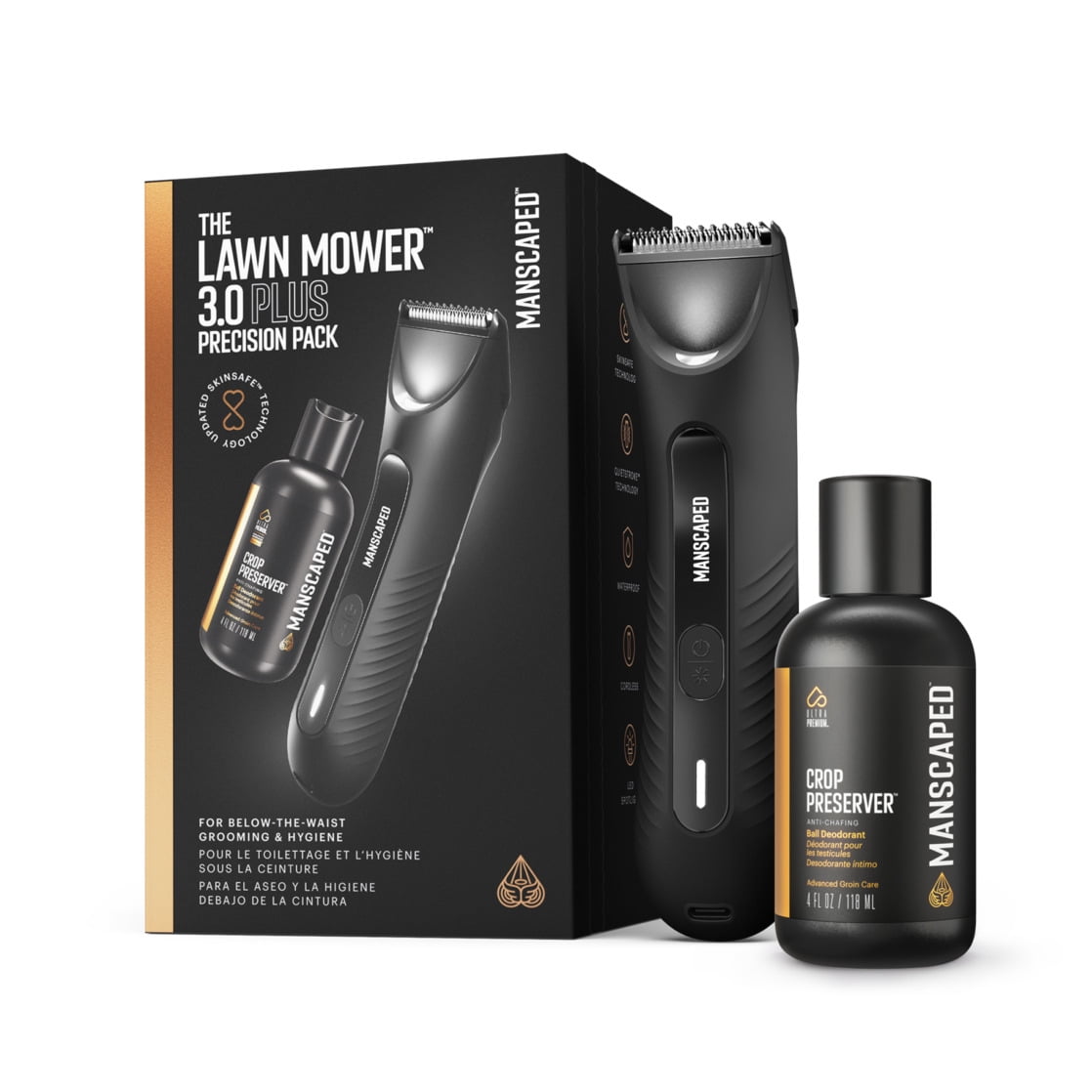 MANSCAPED® Lawn Mower® 3.0 Plus Precision Pack Men's Electric Groin Shaver, SkinSafe® Body & Pubic Hair Trimmer with 4 fl oz Crop Preserver®, Black