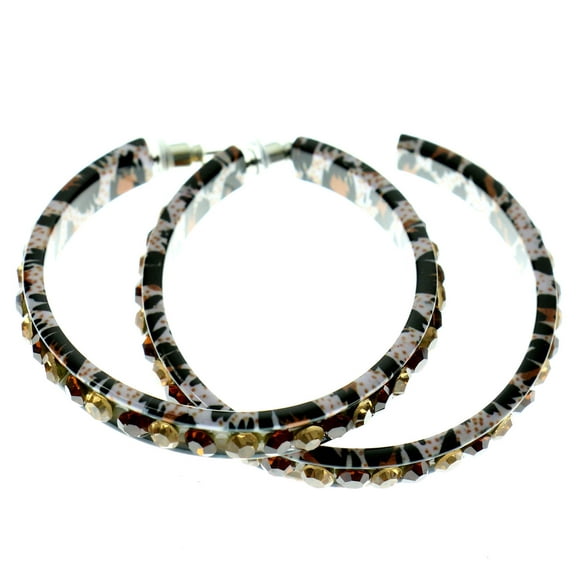 Large Leopard Print Hoop Earrings With Bright Faceted Crystal Accents