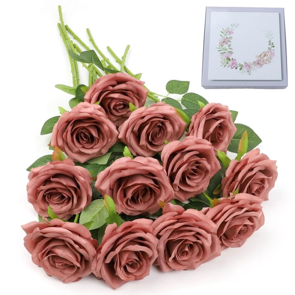 Dusty rose silk flowers 12 pcs, artificial long stem roses bouquet, realistic fake flowers for wedding bridal shower, home table centerpiece decor, pink