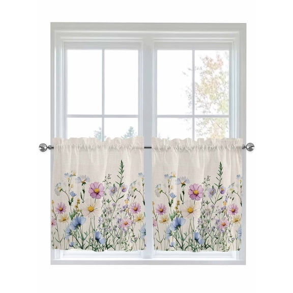 Half Window Curtain 36 Inches Long, Spring Floral Window Treatment Curtain Drapes, Watercolor Herbs Summer Botanical Rustic Small Tier Curtains for Bathroom Over Sink, 27.5"x36", 2 Panels