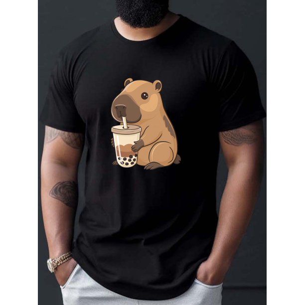 Men'S Summer Casual Crew Neck T-Shirt with Cute Capybara Drinking Milk Tea Print, 100% Cotton Knit Fabric, Slight Stretch, Regular Fit, Geometric Pattern, 150gsm - Blue, Casual Sporty Tee, Comfy Tee