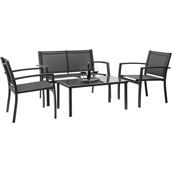 YANG2 4 Pieces Patio Furniture Set Outdoor Garden Patio Conversation Sets Poolside Lawn Chairs with Glass Coffee Table Porch Furniture (Black)