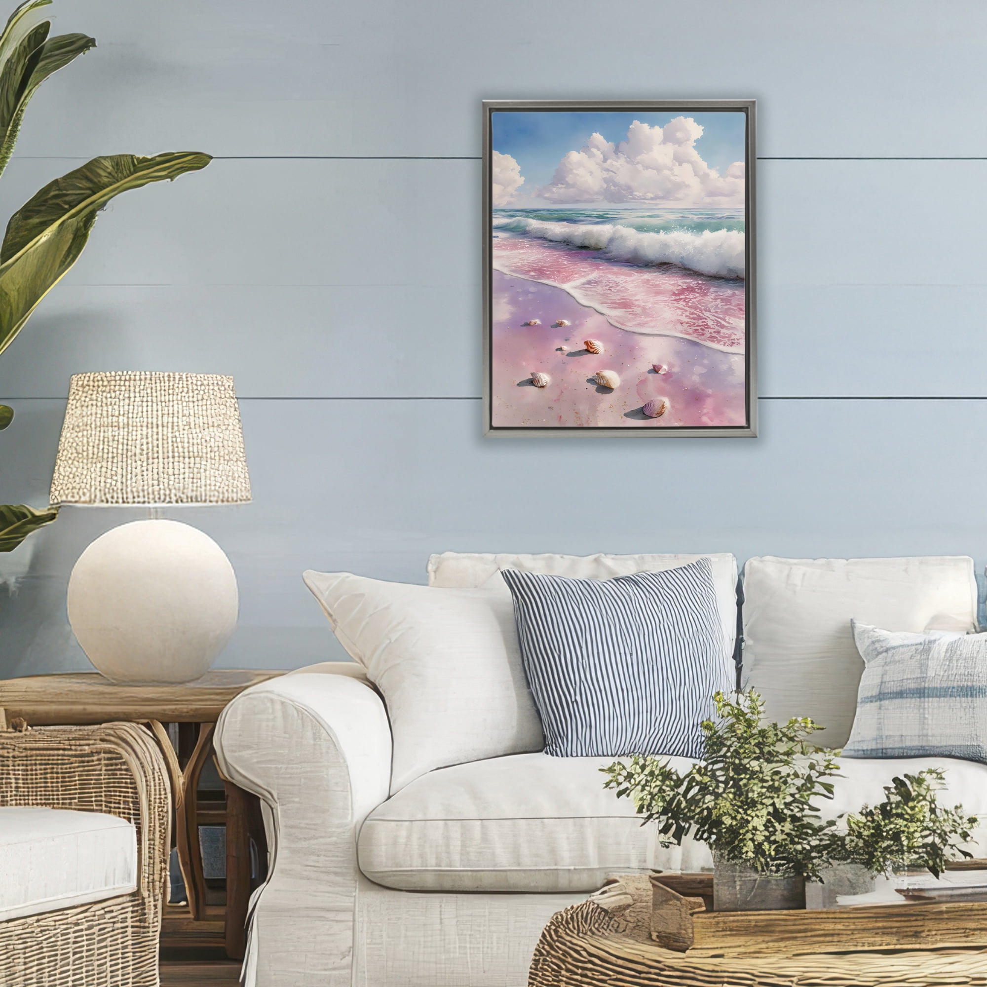 Stupell Industries Pink Sands with Scattered Shells Gray Framed Floater Canvas Wall Art, design by Franklyn Gregory