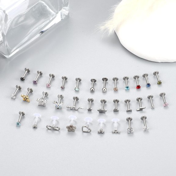 33PCS 16G Stainless Steel Internal Thread CZ Stud Piercing Jewelry for Tragus/Conch/Helix/Nose/Lip/Labret Cartilage Earrings Flatback Butterfly/Bee/Nose Rings for Women & Men (6/8/10mm)
