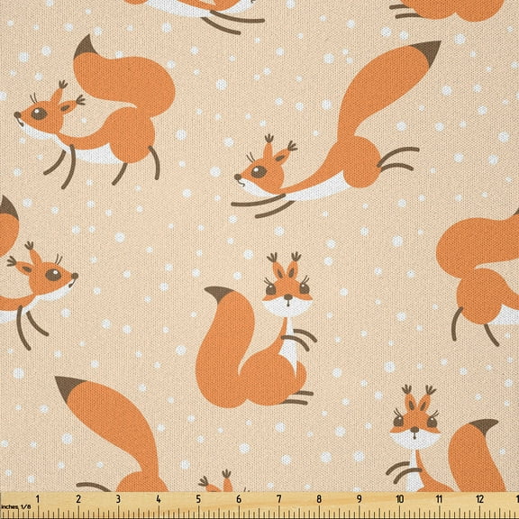 Ambesonne Squirrel Fabric by the Yard Microfiber, Fluffy Rodents Snowfall, 10 Yards, Peach Orange Brown